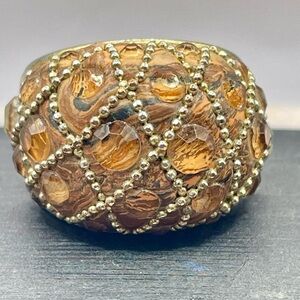 Vintage Brown Crystal Dome Gold Bead Lattice Stretch Ring. Size 8